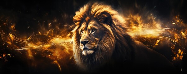 Lion king animal of nature with  dark golden background, nature panorama. Generative Ai.