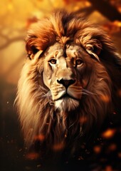 Naklejka premium Lion king animal of nature with dark golden background.. Generative Ai.