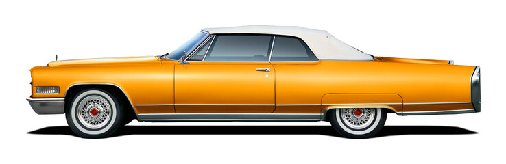 Fototapeta na wymiar Classic American luxury car in yellow color. With a convertible body and white soft top.