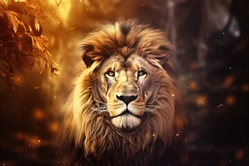 Lion king animal of nature with  dark golden background.. Generative Ai.