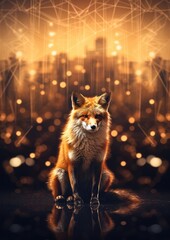 Fox animal with bokeh dark sunset background, fox in the city. .Generative Ai.