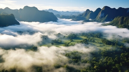 Fototapeta na wymiar Foggy landscape. Fog and cloud mountain tropic valley landscape. aerial view