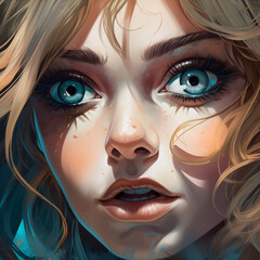 A woman with mesmerizing blue eyes and a worried expression comic style illustration Generative Ai