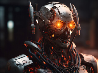 Fototapeta premium A futuristic robot with glowing orange eyes Generative Ai