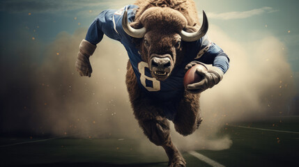 Buffalo in a football uniform, sprinting with a football ball. Generative AI