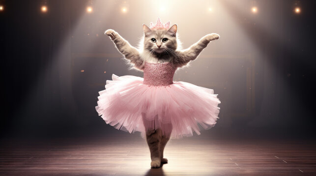 Cat wearing ballet tutu dancing ballet on a stage. Generative AI