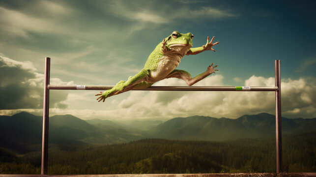 Frog in a high jump outfit, mid-jump over a high jump bar. Generative AI