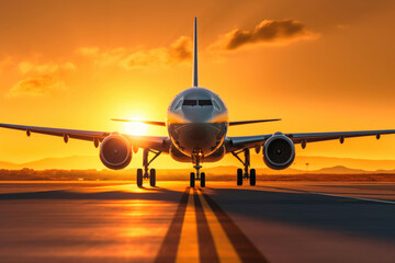 Sun-Kissed Departure: Airplane Taking Off in Golden Hour. Generative AI