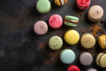 Dessert, delicious sweet macarons on a black background, top view.