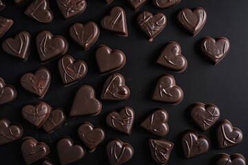 Fototapeta premium Beautiful composition of chocolate hearts located on a black background. Valentine's Day holiday.
