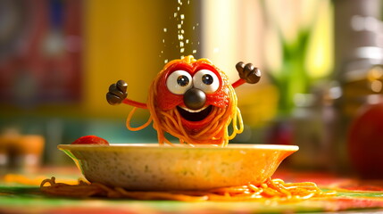 Concept funny character mascot meatball sits in a plate with spaghetti and sauce in the kitchen.Generative AI - obrazy, fototapety, plakaty