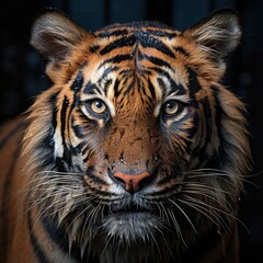 In the dark, a tiger's face is shown up close. (Generative AI)