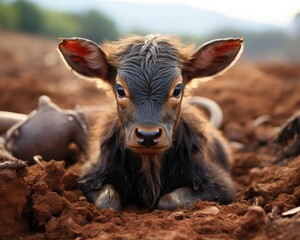 Fototapeta premium A sandy baby wildebeest gazes into the camera. (Generative AI)
