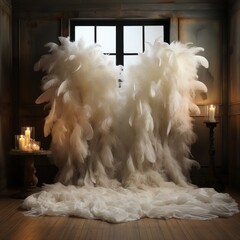 Ultra realistic and extra large white angel wings with real feathers as a digital backdrop in a rustic palace contemporary cinematic lighting, ultra - wide shot