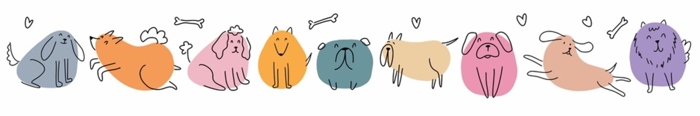 Vector collection of funny dogs in different poses and different breeds, hand-drawn in the style of doodles.