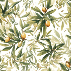 Obraz premium Olives seamless pattern color sketch style hand drawn background, olive branches with leaves on white background. Italian food. ai