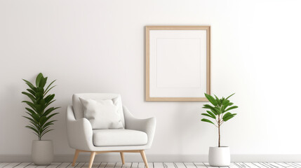 Blank picture frame mockup on white wall. White living room design. View of modern style interior with chair. Home staging, minimalism, concept 