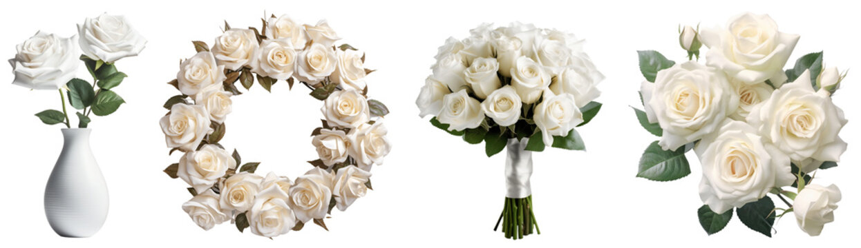 Set of white roses. Two roses in a white vase, a bouquet of white roses, an arrangement of white roses, a wreath of white roses, an arrangement of white roses.Isolated on a transparent background. KI.