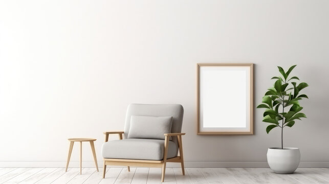 Blank picture frame mockup on white wall. White living room design. View of modern style interior with chair. Home staging, minimalism, concept 
