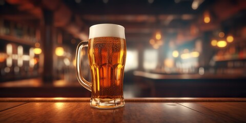 AI Generated. AI Generative. Beer glass mug with light beer at pub bar tavern background on wooden table night life party vibe holiday. 