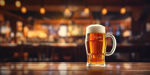 AI Generated. AI Generative. Beer glass mug with light beer at pub bar tavern background on wooden table night life party. Graphic Art