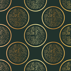 Seamless pattern with golden curles on polka dot