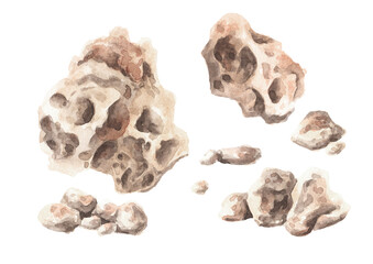 Stone set. Landscape design element. Hand drawn watercolor illustration isolated on white background