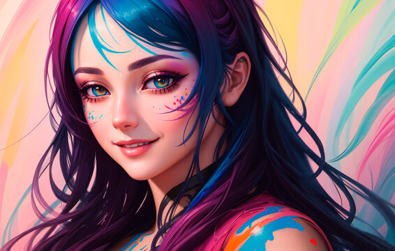 Beautiful girl with futuristic hairstyle and bright makeup. Generative AI