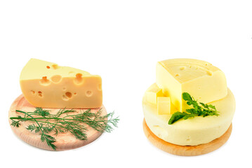 Cheese on a cheeseboard isolated on white background. Collage. Free space for text.