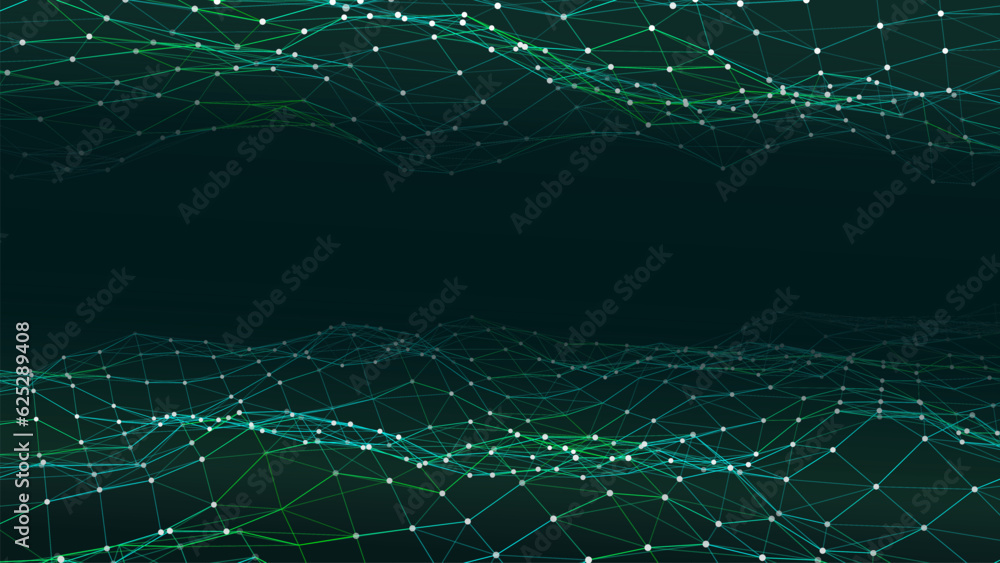 Poster double abstract green technology wave. flow of particles. big data transfer visualization. vector il