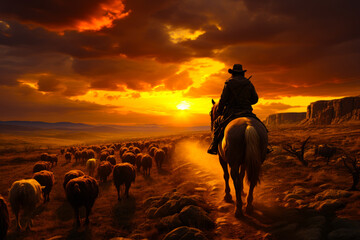 Horse rider on sunset orange background. Silhouette of cowboy on wild west. Generative AI.