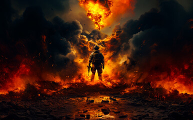 Military warrior in fire illustration. Brave soldier in battle art work. Generative AI.