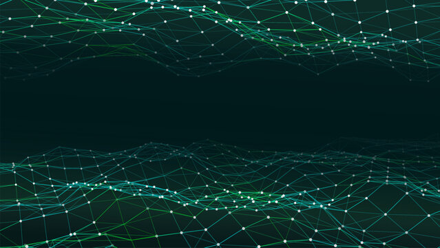 Double abstract green technology wave. Flow of particles. Big data transfer visualization. Vector illustration. © ihor