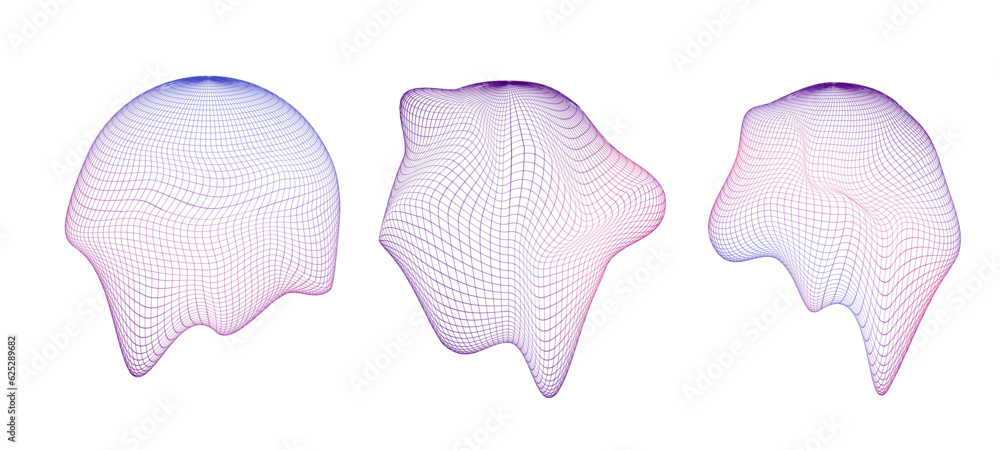 Poster set of geometric spheres with glitch effect. distorted circles on white background. abstract color s