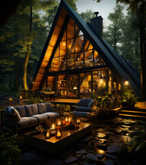 Fototapeta premium Comfortable luxury home with furniture. Modern interior house in forest. Generative AI.