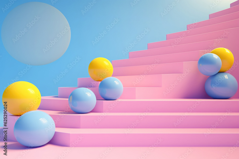 Poster simple geometric composition with staircase and balls. abstract design in minimalistic style. modern
