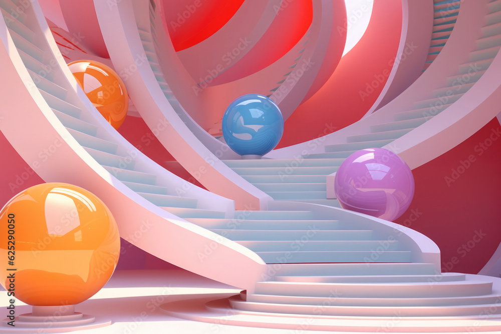 Poster simple geometric composition with staircase and balls. abstract design in minimalistic style. modern