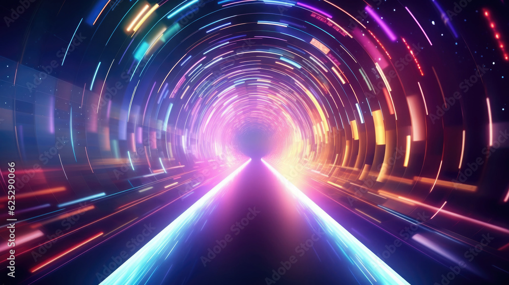 Poster abstract tunnel with colorful stripes in motion. glowing neon colored lines in cyberspace. created w