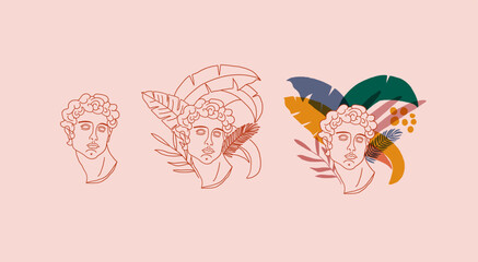 Floral ancient Greek male and female statues isolated clip art bundle, antique sculptures with flowers black white line figures, hand drawn women bust with botanical bouquet - vector set. Vector - 625290266