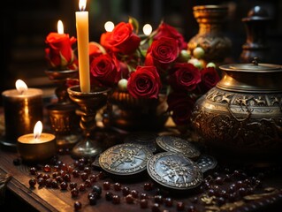 Tarots spread on a table, candle lit, dark tones, red accents, victorian setting, jewellery
