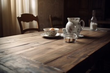 Wooden table in a vintage kitchen. Generative AI