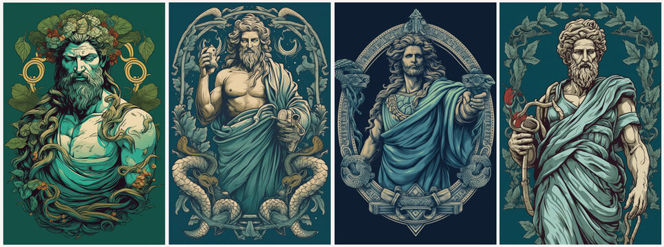 Ancient Greek mythological god asclepius set. Impressive, colorful and contemporary. Created with Generative AI technology.	