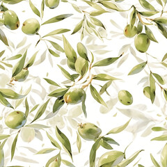 Olives seamless pattern color sketch style hand drawn background, olive branches with leaves on white background. Italian food. ai