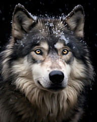 Generated photorealistic portrait of a wild gray wolf with yellow eyes and snow on moss 