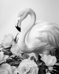 Obraz premium Generated photorealistic image of a bright flamingo with a curved neck in peony flowers in black and white format