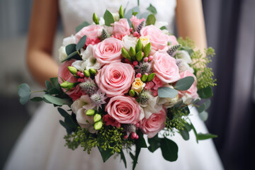 Bride holding a beautiful Bridal Bouquet, Wedding Flowers, White Wedding Dress - Generative Ai