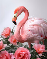 Generated photorealistic image of a bright flamingo with a curved neck in peony flowers 