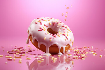 Generated photorealistic image of a donut with white icing and colored sprinkles on a pink background