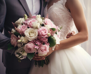 Obraz na płótnie Canvas Bride holding a beautiful Bridal Bouquet, Wedding Flowers, Bride and Groom Celebrate their Wedding Day - Generative Ai