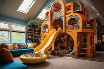 An energetic play area abundant with multicolored playthings, a fun cooking set, and a comfy reading spot, tailored for children's fun and learning. Generative AI
